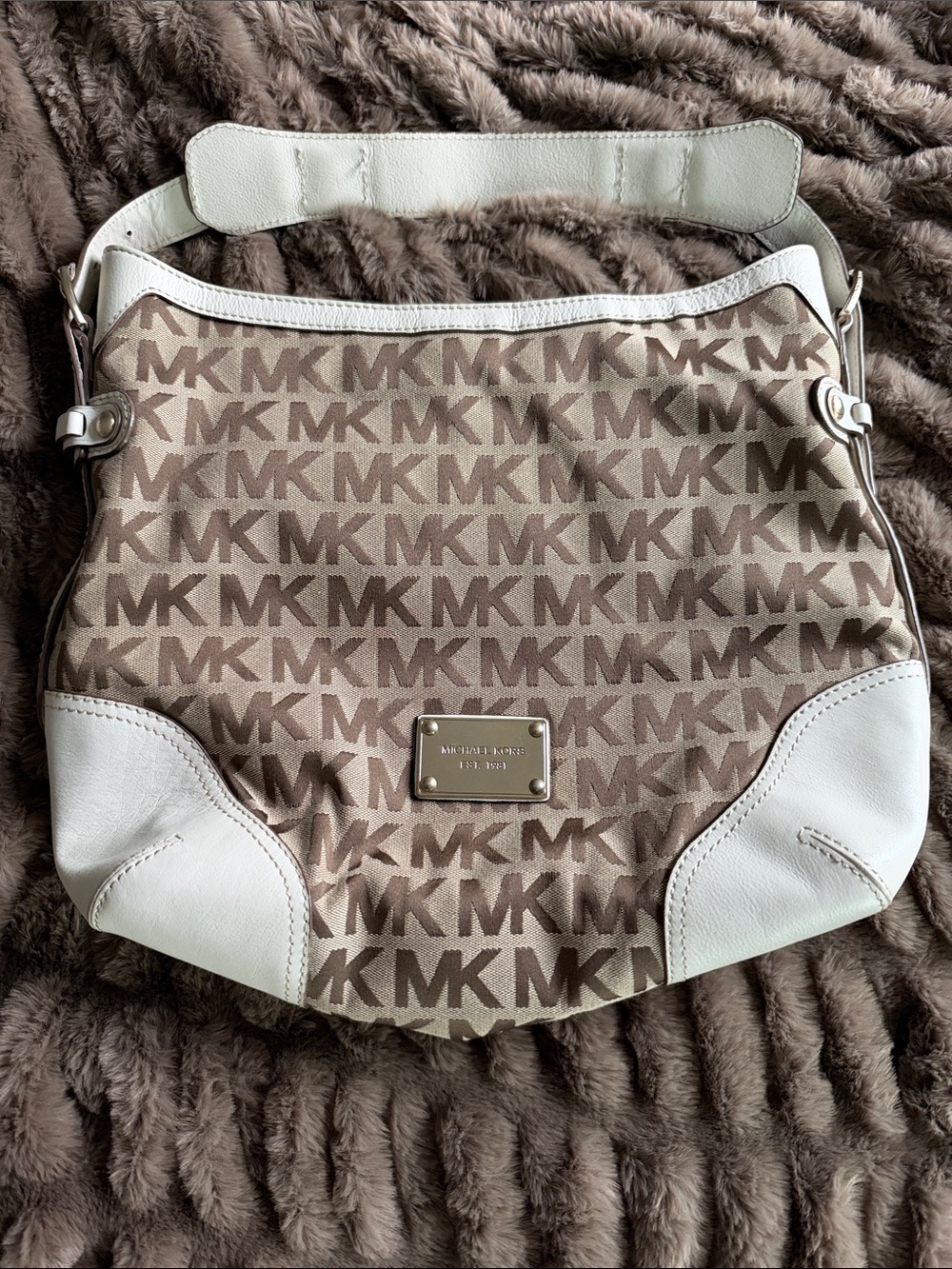 Michael Kors Signature MK Monogram Canvas White Leather Hobo Bag Y2K